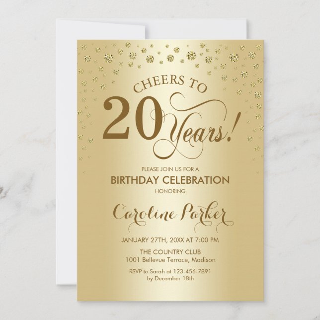 Invitación a la fiesta de cumpleaños 20 - Oro (Anverso)