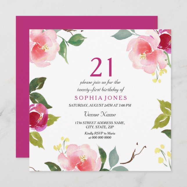 Invitación a la fiesta de cumpleaños 21ª floral de (Anverso / Reverso)
