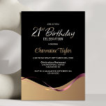Invitación a la fiesta de cumpleaños 21 de Black G<br><div class="desc">Esta moderna invitación a la fiesta de cumpleaños 21 en negro y oro irradia elegancia y sofisticación sencillas. Su diseño se caracteriza por su color negro y dorado, separado por una ola de fluidos y una elegante cinta rosa que fluye de un lado al otro. El área de texto del...</div>