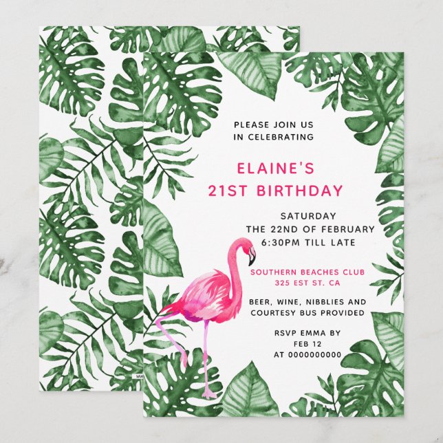 Invitación a la fiesta de cumpleaños 21 de Flaming (Anverso / Reverso)