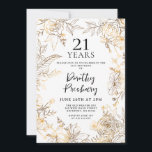 Invitación a la fiesta de cumpleaños 21 de Gold Wh<br><div class="desc">Elegantes rosas de arte de la línea dorada y hojas rodean sus detalles fiestas de 21 años.</div>
