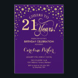 Invitación a la fiesta de cumpleaños 21 - Púrpura<br><div class="desc">Invitación a la fiesta de cumpleaños número 21. Elegante diseño con un falso oro purpurina y morado. ¡Salud a 21 años! Mándame un mensaje si necesitas más personalización.</div>