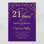 Invitación a la fiesta de cumpleaños 21 - Púrpura<br><div class="desc">Invitación a la fiesta de cumpleaños número 21. Elegante diseño con un falso oro purpurina y morado. ¡Salud a 21 años! Mándame un mensaje si necesitas más personalización.</div>