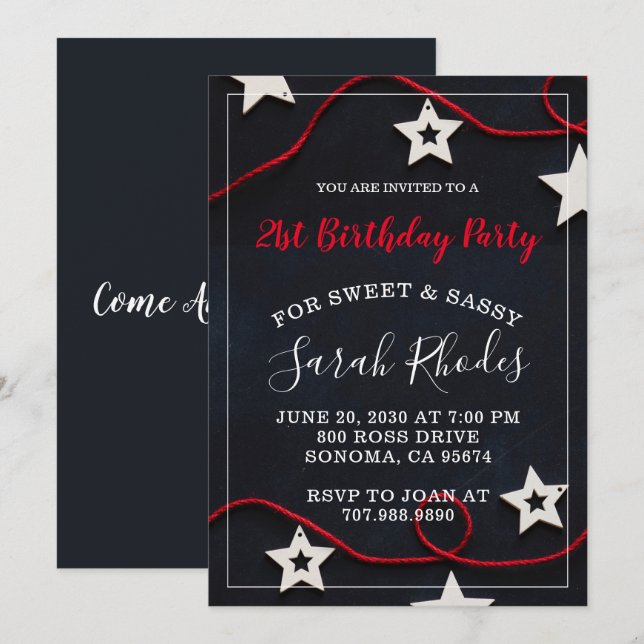 Invitación a la fiesta de cumpleaños 21 Red On Bla (Anverso / Reverso)
