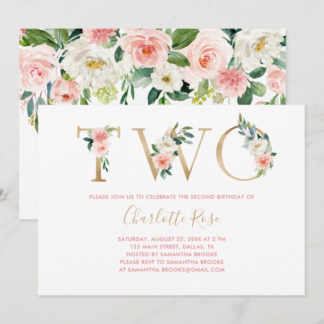 Invitación a la fiesta de cumpleaños 2 de Floral R (Anverso / Reverso)