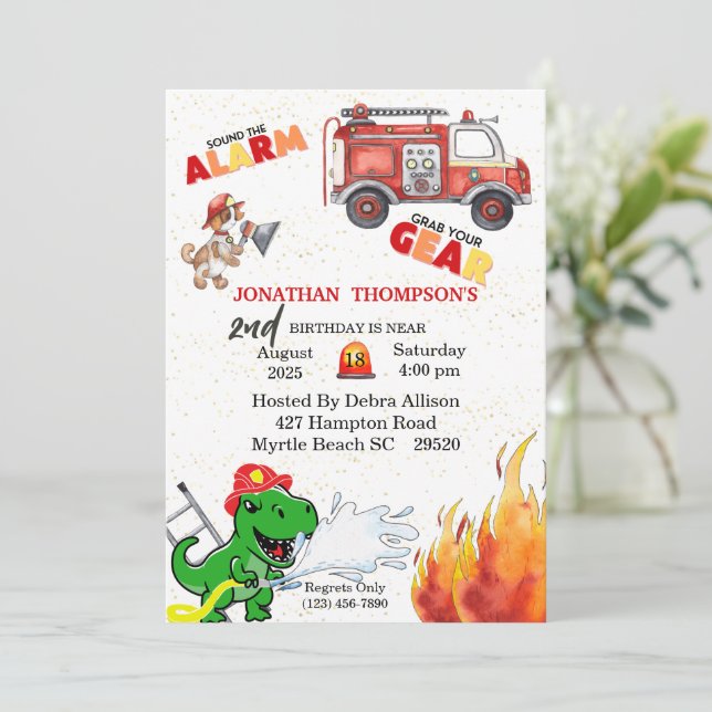Invitación a la fiesta de cumpleaños 2 de T Rex Fi (Anverso de pie)