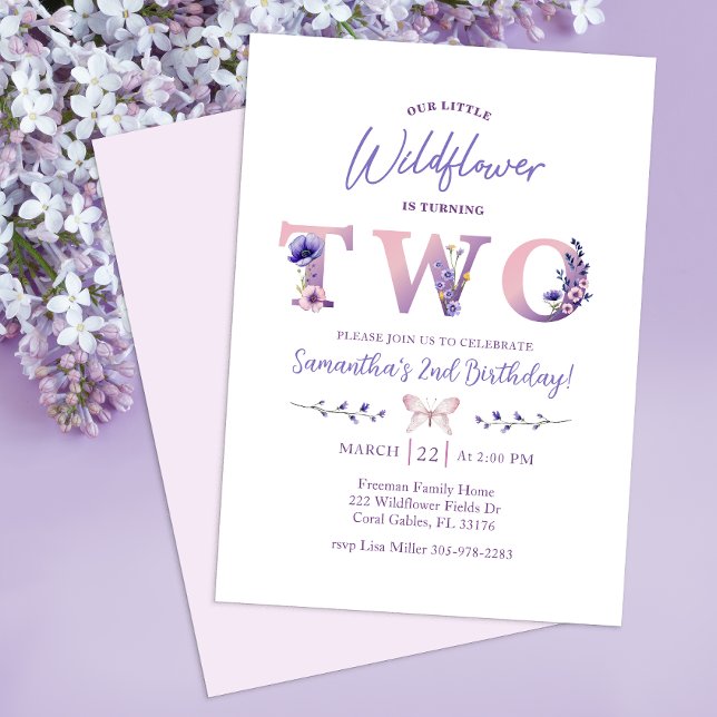 Invitación a la fiesta de cumpleaños 2 de Wildflow (Typography Wildflower Invite)