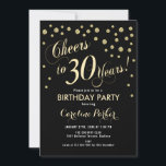 Invitación a la fiesta de cumpleaños 30 - Negro de<br><div class="desc">30.ª invitación para fiestas de cumpleaños para mujeres y hombres. Elegante tarjeta de invitación en negro y oro con letra de guión y confeti. ¡Salud a 30 años! Perfecto para una elegante celebración de cumpleaños para adultos.</div>