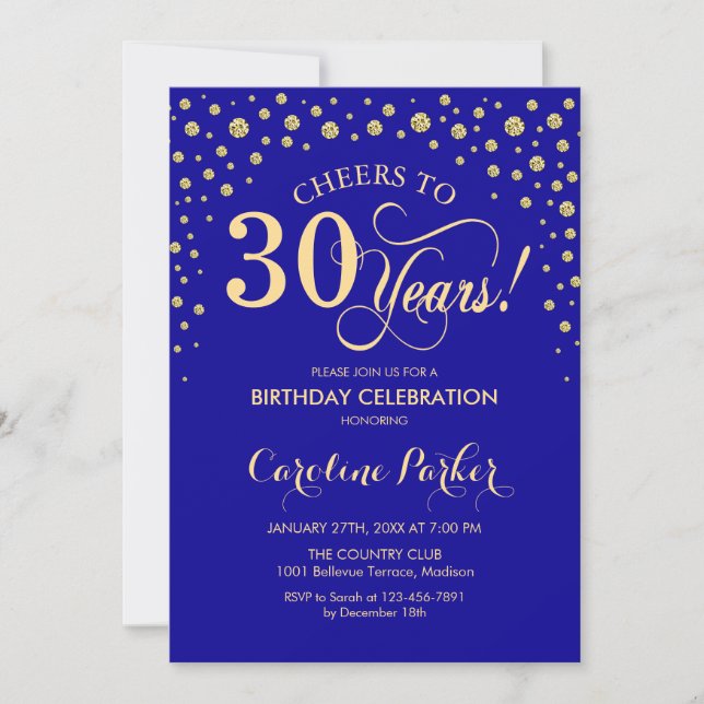 Invitación a la fiesta de cumpleaños 30 - Oro Azul (Anverso)