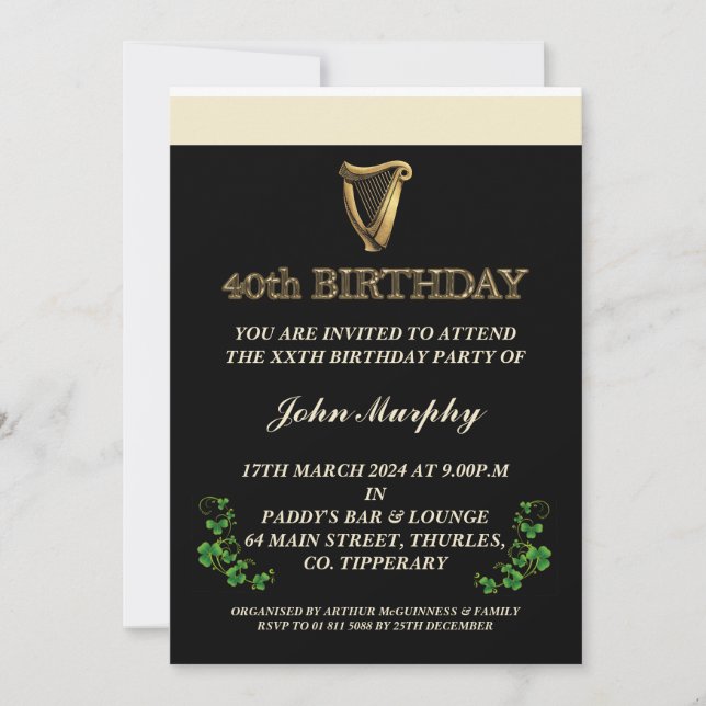 Invitación a la fiesta de cumpleaños 40 de Irlanda (Anverso)