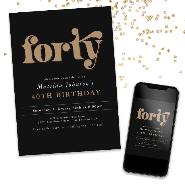 Invitación a la fiesta de cumpleaños 40 de moda Ne (Chic Black and Gold 40th Birthday Party Invitation)