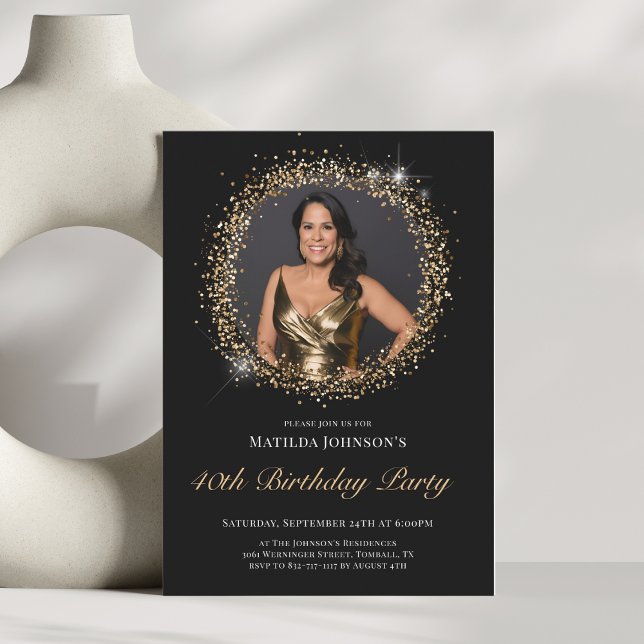 Invitación a la fiesta de cumpleaños 40 del purpur (Glitter Black Gold 40th Birthday Party Invitation)