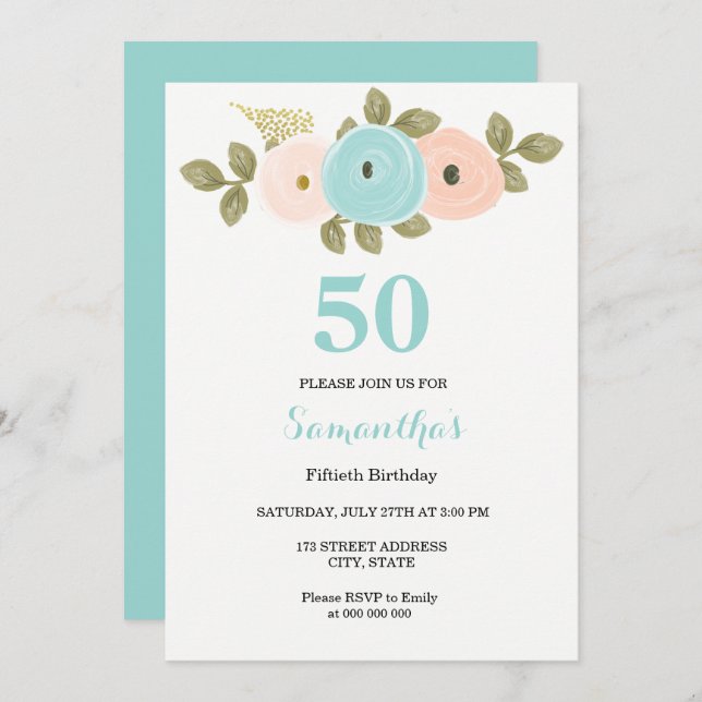 Invitación a la fiesta de cumpleaños 50 de Floral  (Anverso / Reverso)