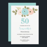 Invitación a la fiesta de cumpleaños 50 de Floral<br><div class="desc">Colección Floral Verde azulada & Peach 50th Birthday Party Invitation Matching en Niche y Nest Store. Hemos utilizado obras de arte de: Freshmint Paperie https://www.etsy.com/shop/FreshmintPaperie</div>