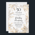 Invitación a la fiesta de cumpleaños 50 de Gold Wh<br><div class="desc">Elegantes rosas de arte de la línea dorada y hojas rodean los detalles de tu fiesta de cumpleaños número 50.</div>
