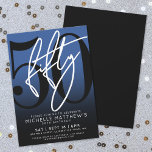 Invitación a la fiesta de cumpleaños 50 del Modern<br><div class="desc">Celebra cincuenta años de estilo con esta invitación moderna de fiesta de cumpleaños número 50 de gradiente gris a negro. El diseño presenta un gran "50" negro a lo largo de la mayor parte de la tarjeta, con un estilo de escritura a mano blanco "Fifty" encima de él para un...</div>