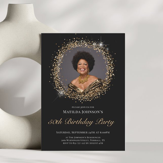 Invitación a la fiesta de cumpleaños 50 del purpur (Glitter Black Gold 50th Birthday Party Invitation
)