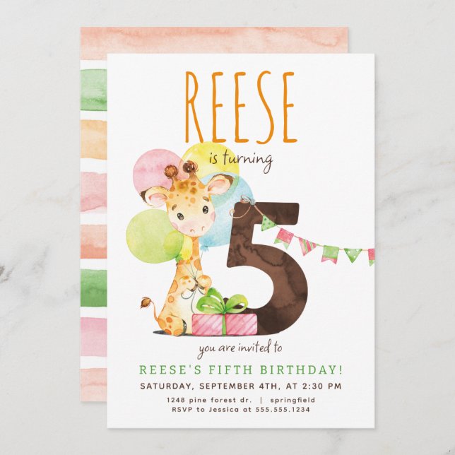 Invitación a la fiesta de cumpleaños 5 de Giraffe (Anverso / Reverso)