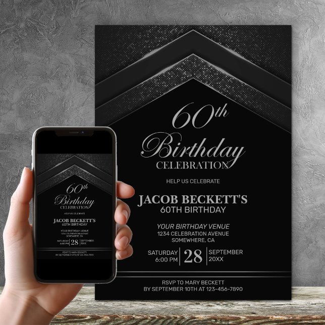 Invitación a la fiesta de cumpleaños 60 Black Silv (Subido por el creador)