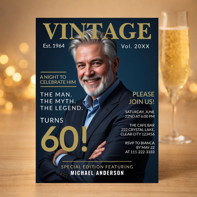 Invitación a la Fiesta de Cumpleaños 60 de Hombre (Elegant navy gold 60th birthday invite styled for a refined and memorable evening celebration)