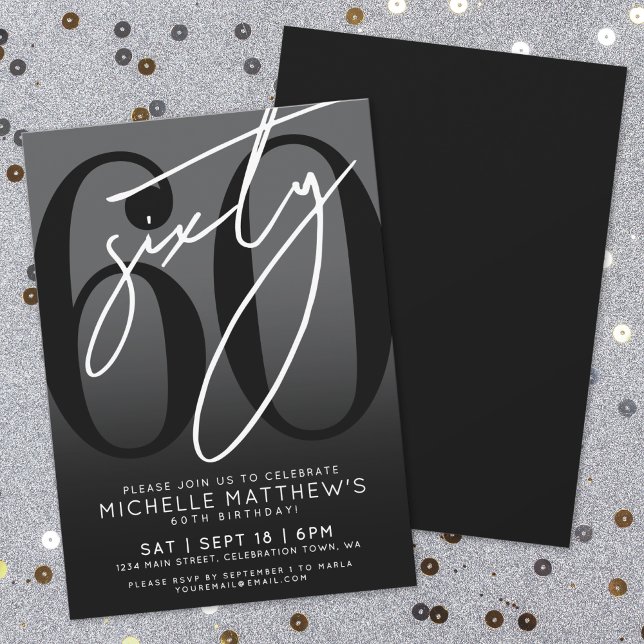 Invitación a la fiesta de cumpleaños 60 de los neg (Modern Black 60th Birthday Party Invitation)