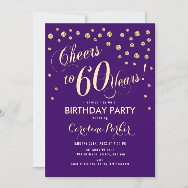 Invitación a la fiesta de cumpleaños 60 - Púrpura  (Anverso)