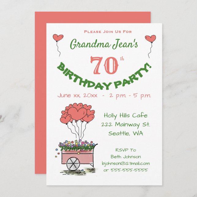 Invitación a la fiesta de cumpleaños 70 - Corazón  (Anverso / Reverso)