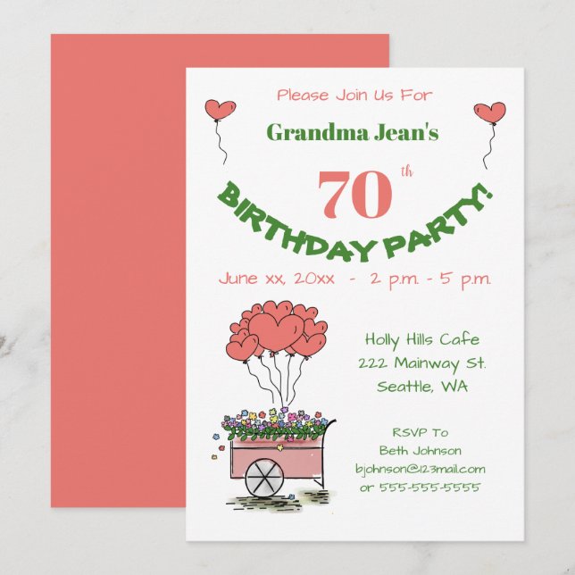Invitación a la fiesta de cumpleaños 70 - Corazón  (Anverso / Reverso)