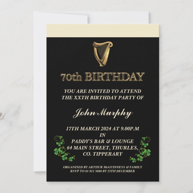 Invitación a la fiesta de cumpleaños 70 de Irlanda (Anverso)
