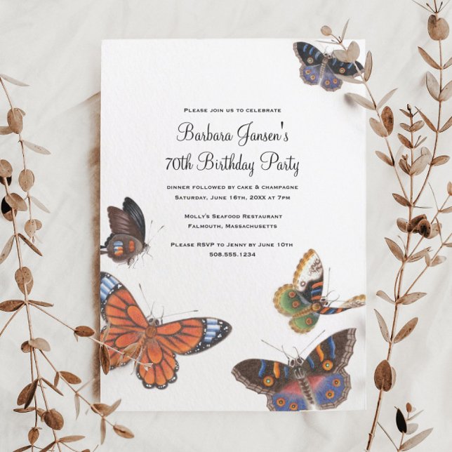 Invitación a la fiesta de cumpleaños 70 de la mari (These elegant butterfly 70th birthday party invitations are perfect for a gardener)