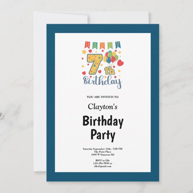 Invitación a la fiesta de cumpleaños 7 con marco a (Anverso)