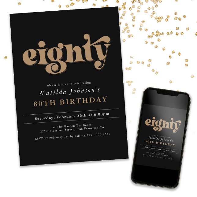 Invitación a la fiesta de cumpleaños 80 de moda Ne (Chic Black and Gold 80th Birthday Party Invitation)