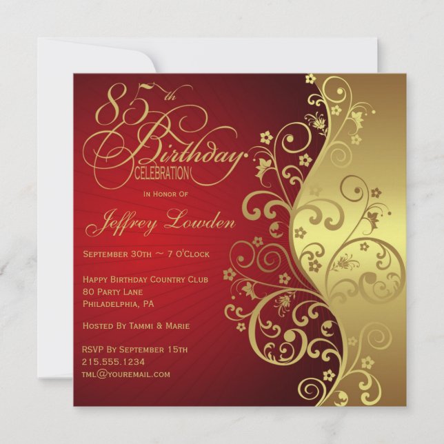 Invitación a la fiesta de cumpleaños 85 Red & Gold (Anverso)