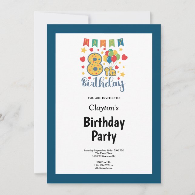 Invitación a la fiesta de cumpleaños 8 con marco a (Anverso)