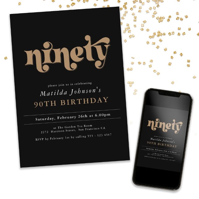 Invitación a la fiesta de cumpleaños 90 de moda Ne (Chic Black and Gold 90th Birthday Party Invitation)