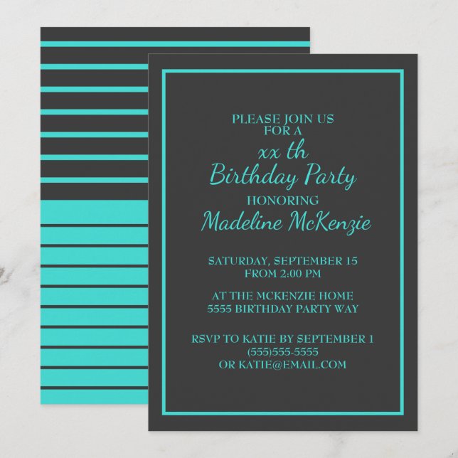 Invitación a la fiesta de cumpleaños a rayas turqu (Anverso / Reverso)