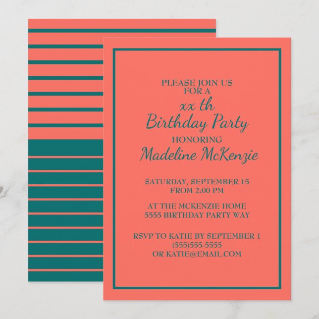 Invitación a la fiesta de cumpleaños a rayas Verde (Anverso / Reverso)