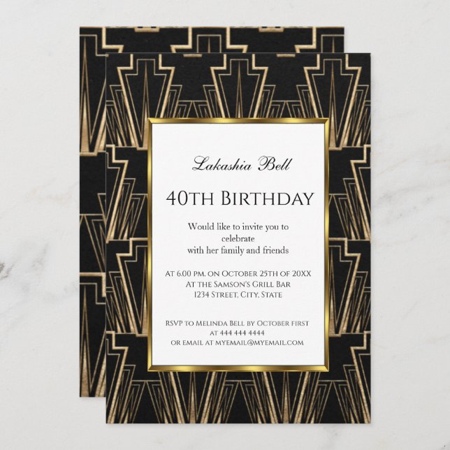 Invitación a la fiesta de cumpleaños Art Deco Blac (Anverso / Reverso)