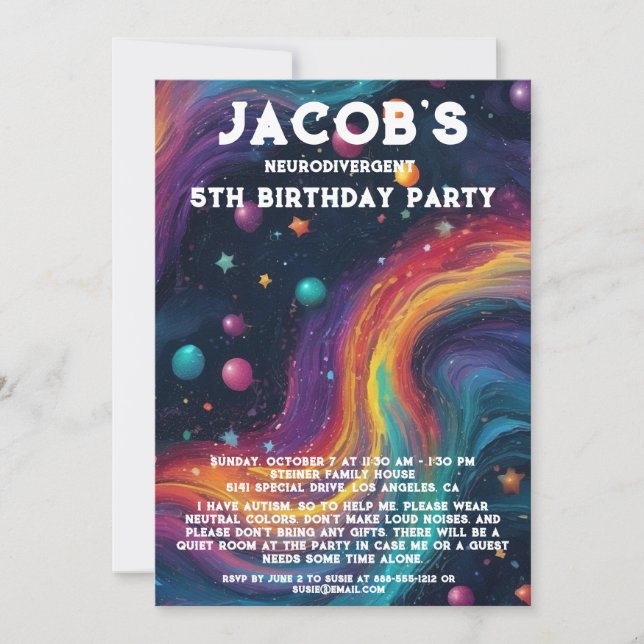 Invitación a la fiesta de cumpleaños autista neuro (Anverso)