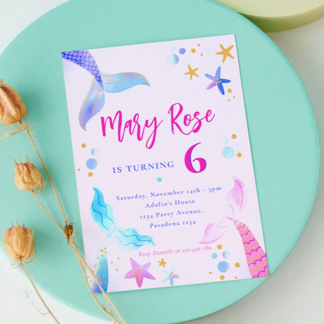 Invitación a la fiesta de cumpleaños azul rosado d (Mermaid Pink Blue Birthday Party Invitation)