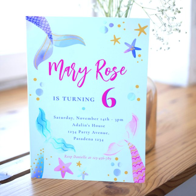Invitación a la fiesta de cumpleaños azul rosado d (mermaid card)