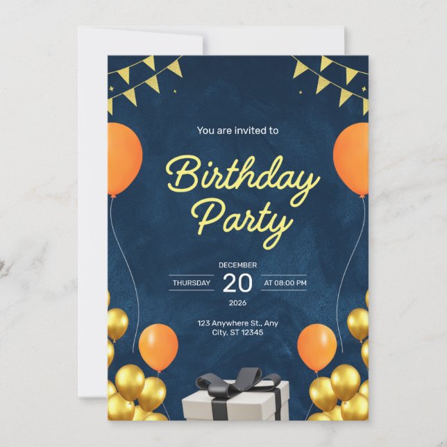 Invitación A La Fiesta De Cumpleaños Azul Y Oro Mo (Anverso)