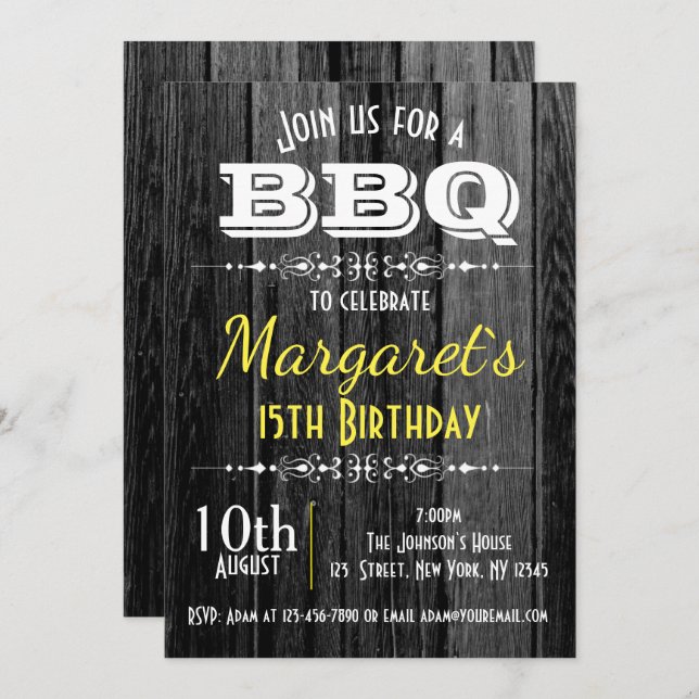 Invitación a la fiesta de cumpleaños BBQ en madera (Anverso / Reverso)