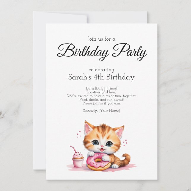Invitación a la fiesta de cumpleaños, bebé gato co (Anverso)