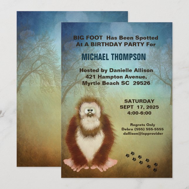 Invitación a la fiesta de cumpleaños Big Foot (Anverso / Reverso)