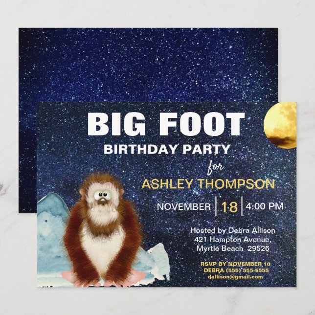 Invitación a la fiesta de cumpleaños Big Foot (Anverso / Reverso)