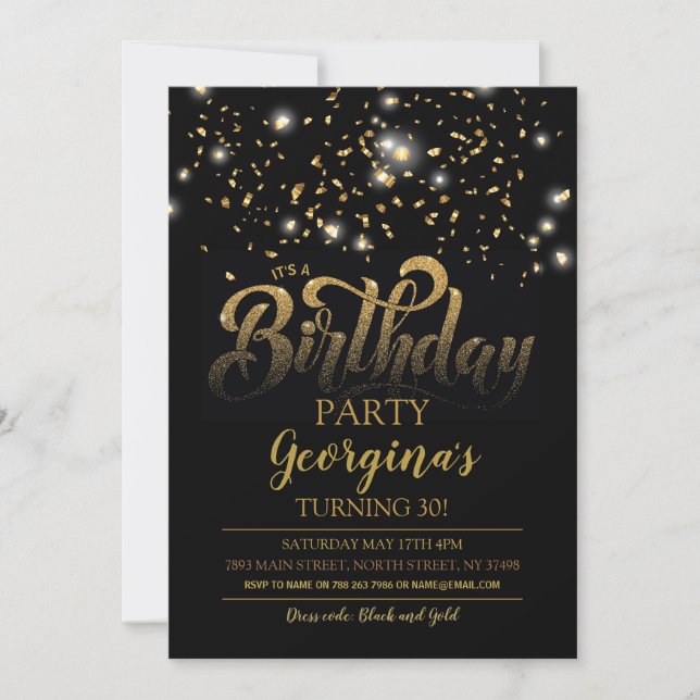Invitación a la fiesta de cumpleaños Black & Gold (Anverso)