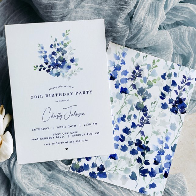 Invitación a la fiesta de cumpleaños Blue Floral (Subido por el creador)