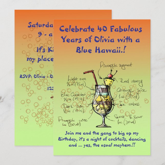 Invitación a la fiesta de cumpleaños Blue Hawaii (Anverso / Reverso)