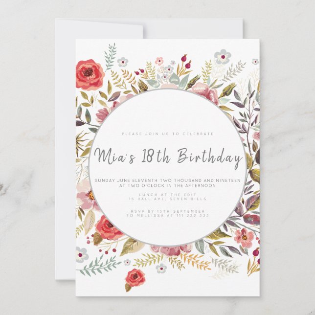 Invitación a la fiesta de cumpleaños con flores (Anverso)
